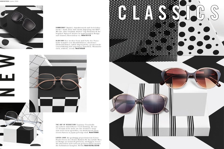 Rodenstock Lookbook 2020 Seite 22/23 „The New Classics“ mit stilvoller Präsentation verschiedener Sonnenbrillen, umgesetzt von imagespy.