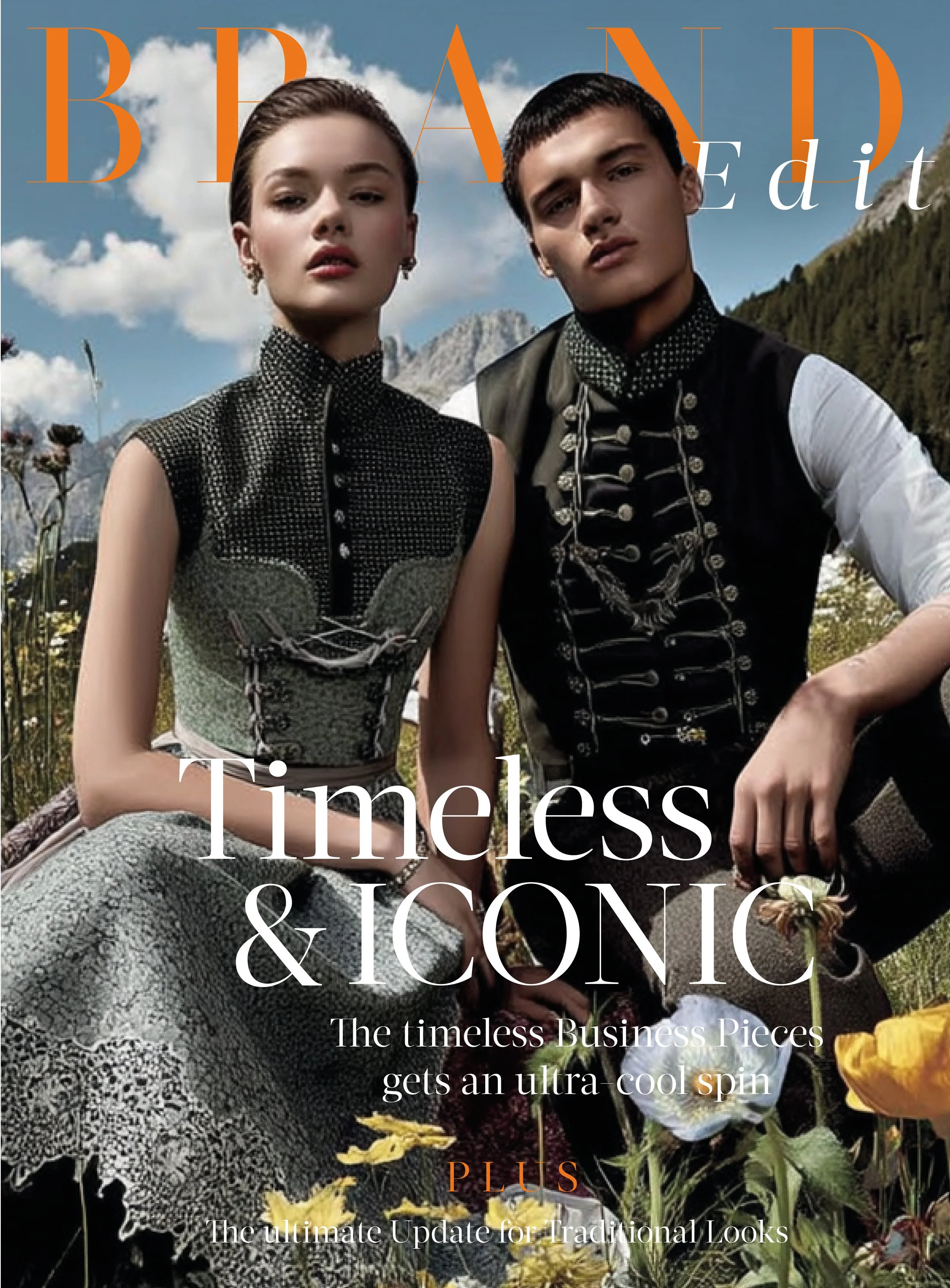 Modernes Magazin-Cover mit einem Trachten-Paar in alpiner Kulisse, generiert aus Product Shots mit dem AI-Tool Nani von imagespy für eine „Timeless & Iconic“ Kampagne.