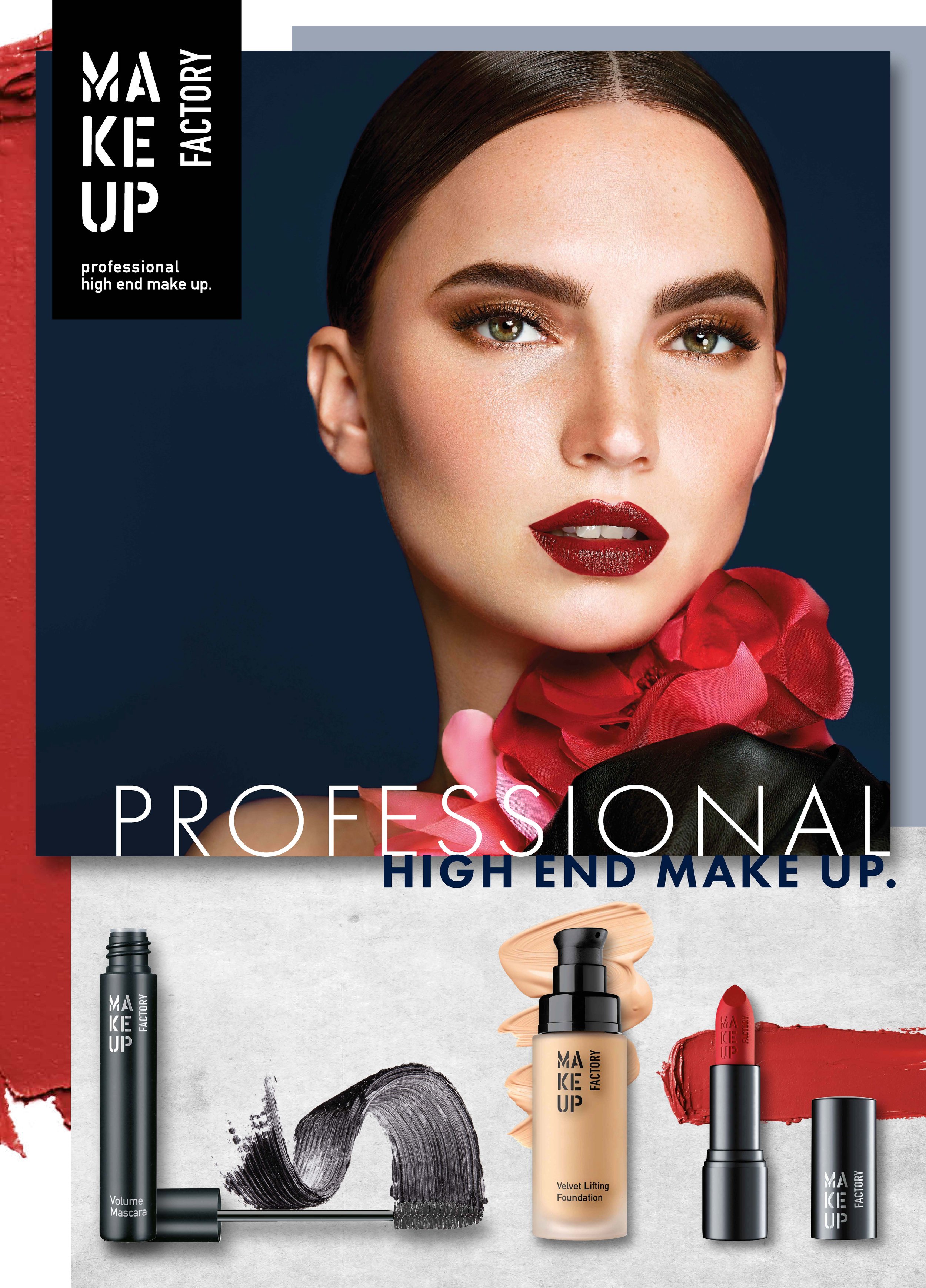 Anzeigenmotiv „Professional High End Makeup“ mit Frau mit dunkelrotem Lippenstift, rotem Lidschatten und roten Blüten am Hals sowie den verwendeten Makeup-Produkten von Makeup Factory, umgesetzt von imagespy.