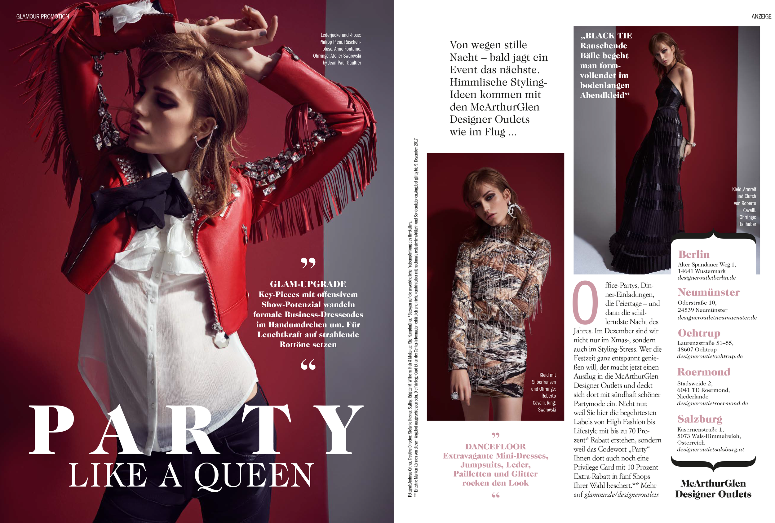 McArthurGlen High-End-Fashion Advertorial 2016 in GLAMOUR: Doppelseite mit drei Bildmotiven unter dem Thema „Party like a Queen“, strahlende Rottöne, Mini-Dress, Leder und Pailletten, umgesetzt von imagespy.