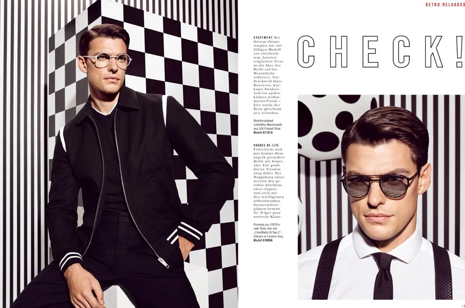 Rodenstock Lookbook 2020 Seite 14/15 „Check“ mit Mann in Anzug und Krawatte, selbstbewusst posierend, umgesetzt von imagespy.