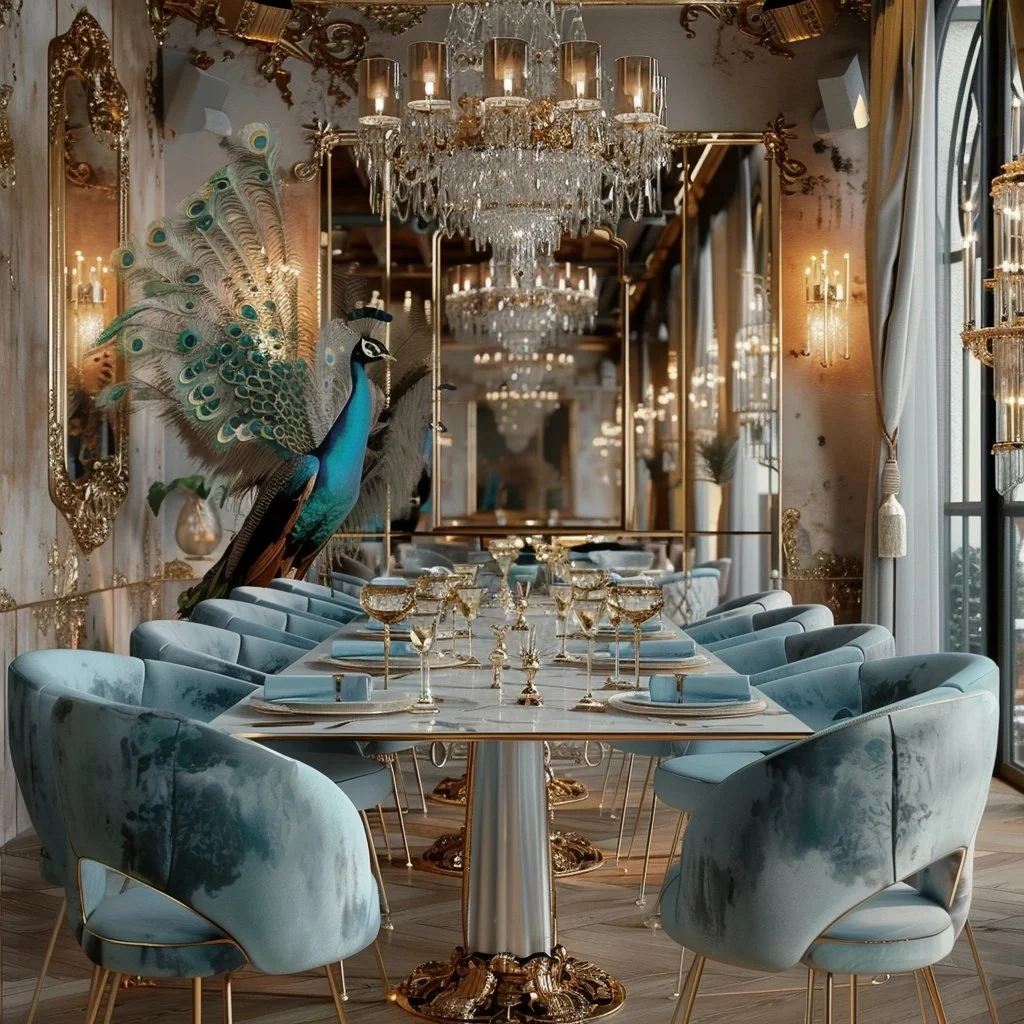 KI-generiertes Esszimmer-Interior des Caffè Saraceno mit kunstvollem Pfau, visionäres Jubiläumskonzept von imagespy.