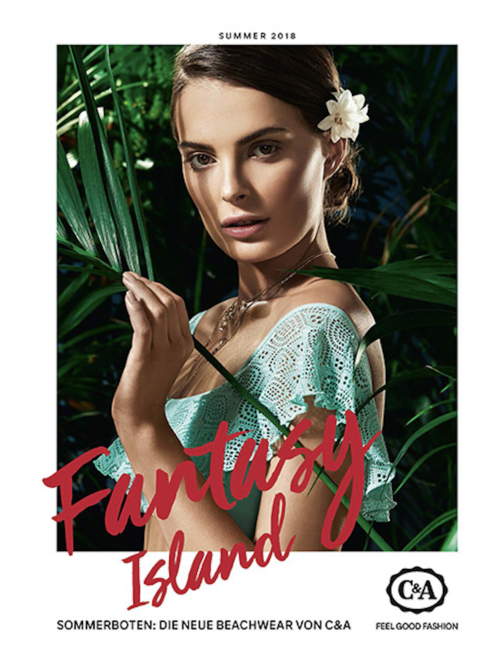 C&A PR-Lookbook Fantasy Island Beachwear Cover: Model im türkisfarbenen Bikini mit Spitzendetails, sommerlicher Fashion Editorial-Look, umgesetzt von imagespy.