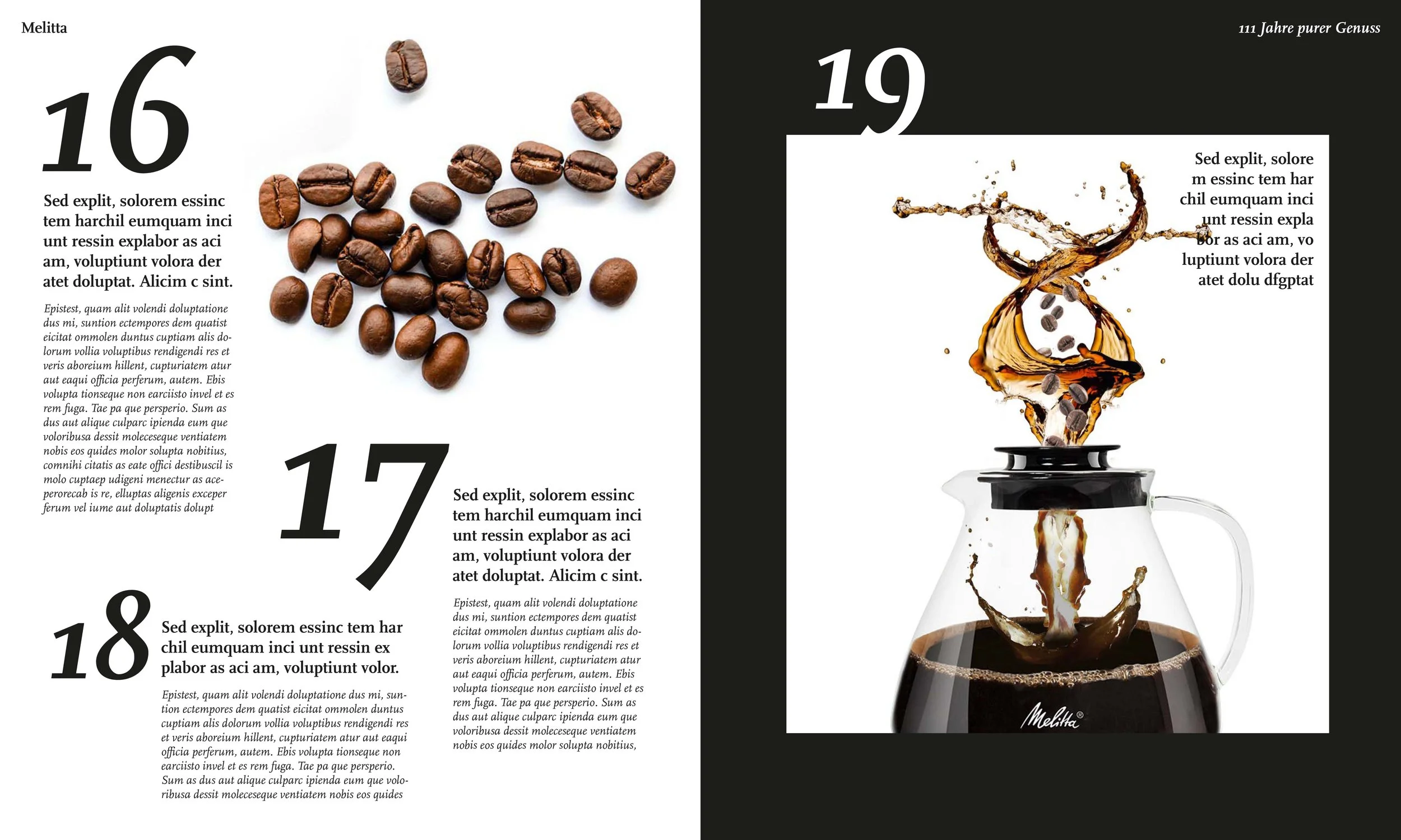 Editorial-Layout von imagespy für Melitta: Fokus auf röstfrische Kaffeebohnen und eine dynamische Kaffee-Explosion aus einer Melitta Glaskanne zum 111-jährigen Jubiläum.