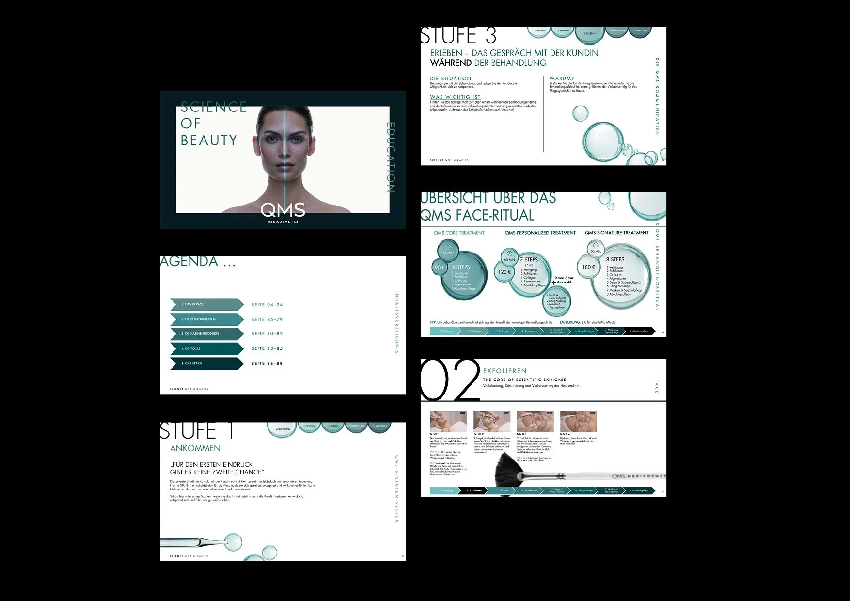 Collage aus sechs Charts des QMS E-Learning-Tools, modernes, hochwertiges Design und technische Umsetzung von imagespy.