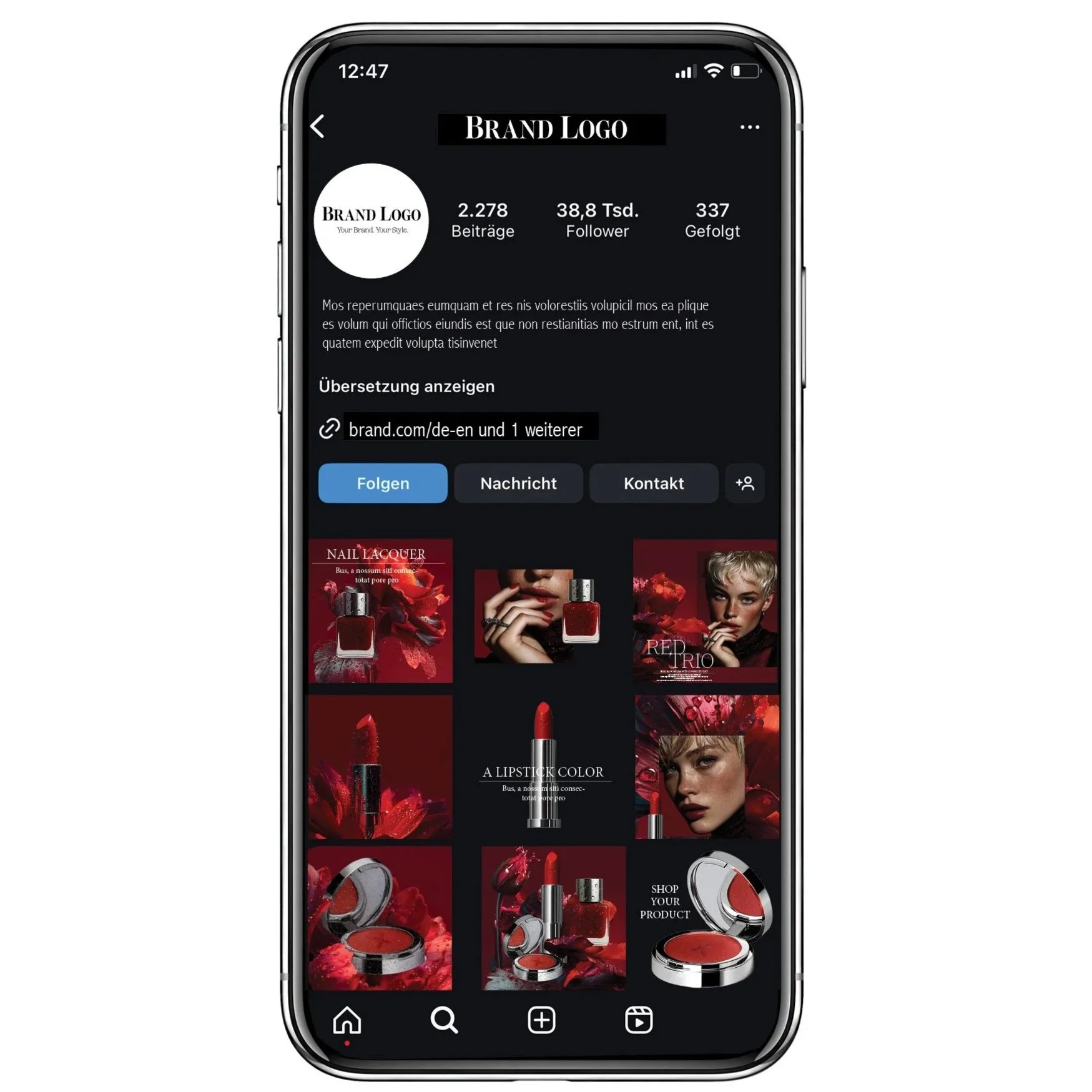 Smartphone-Mockup mit Instagram-Feed von imagespy: Gezeigt wird die mit dem KI-Tool Nani erstellte Red Trio Kampagne für ein konsistentes Social-Media-Storytelling.