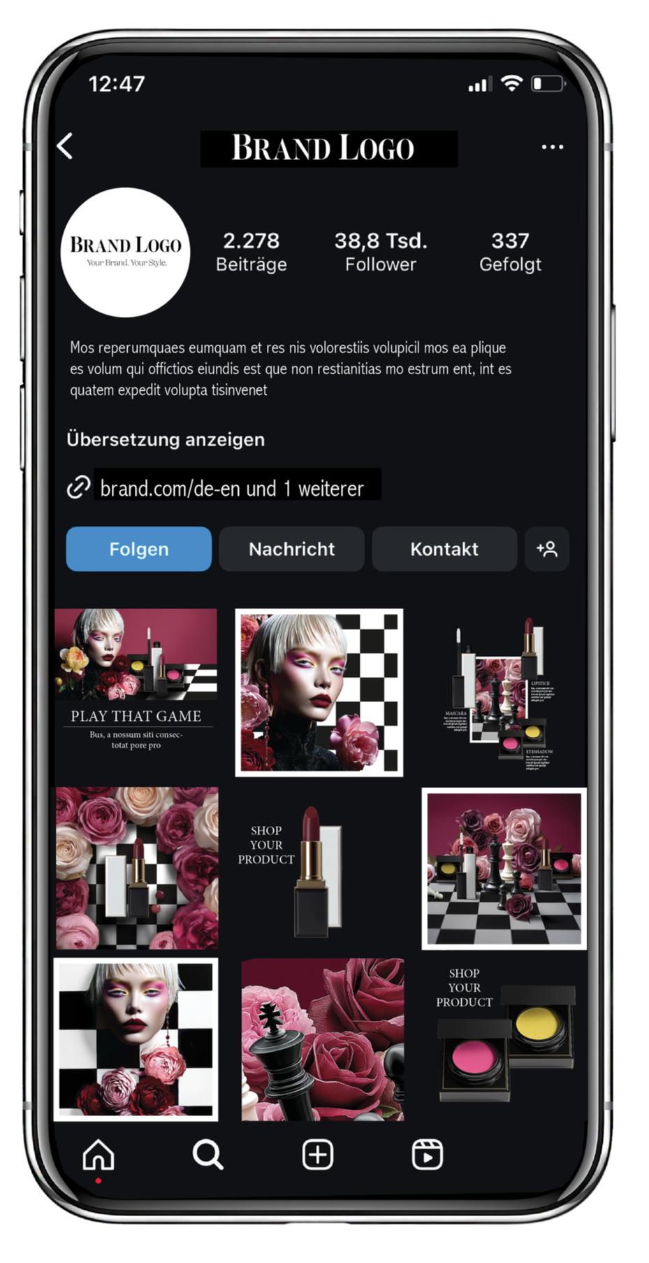 Smartphone-Display mit einer Instagram-Profilansicht: Gezeigt wird ein ästhetischer Feed mit KI-generierten Beauty-Inhalten des Tools Nani.