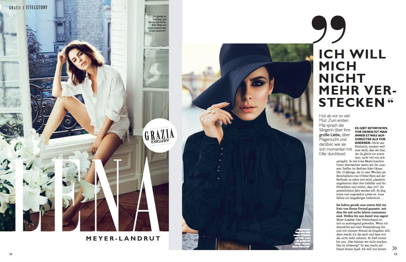 Von imagespy inszenierte GRAZIA-Doppelseite mit einer exklusiven Titelstory über Lena Meyer-Landrut, bestehend aus einem stimmungsvollen Fenster-Porträt und einer markanten Studioaufnahme mit Hut.