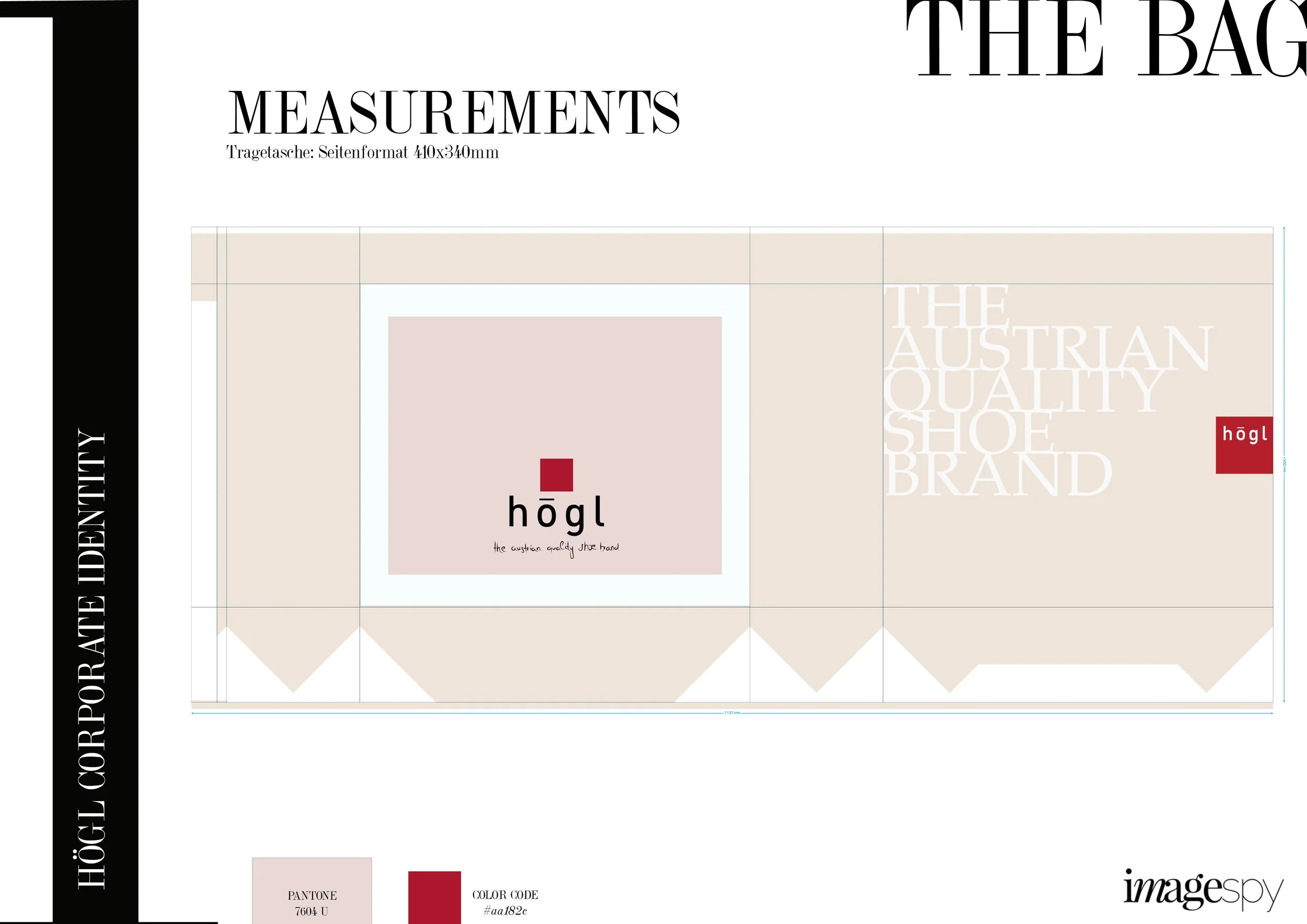 Measurements-Chart einer beigen Högl-Tragetasche mit Logo auf rosafarbenem Hintergrund, entwickelt von imagespy.