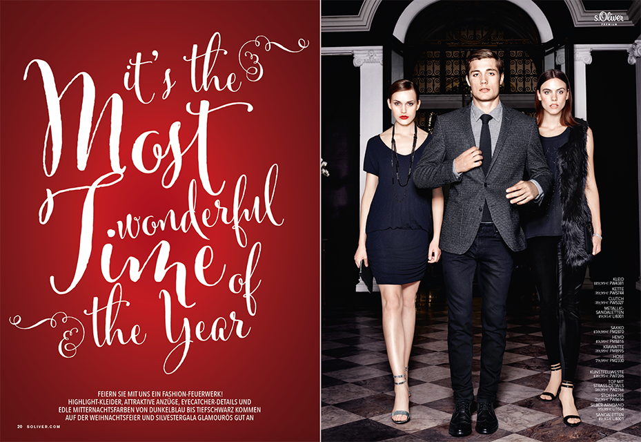 Doppelseite des s.Oliver Magazin Christmas Issue: Elegante festliche Party-Looks getragen von einem Male Model und zwei Female Models; links schnörkelige Schrift, rechts das Bild; Layout von imagespy.