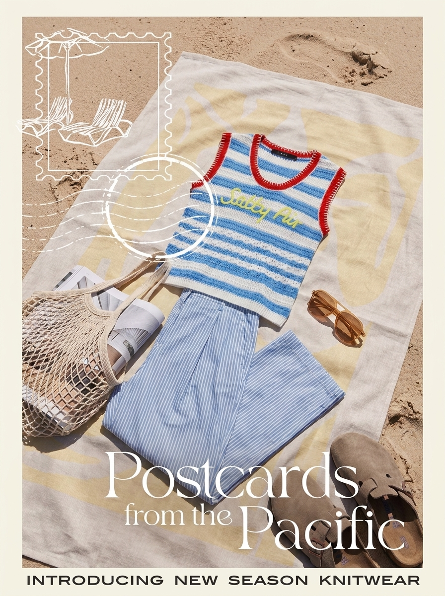 Von imagespy per KI erstelltes Flatlay-Motiv für ein Editorial-Print-Tool: Strandtuch im Sand mit gestreiftem Top, Hose, Netztasche und Schuhen unter der Aufschrift „Postcards from the Pacific“ zur wertschätzenden Kampagnenerweiterung.