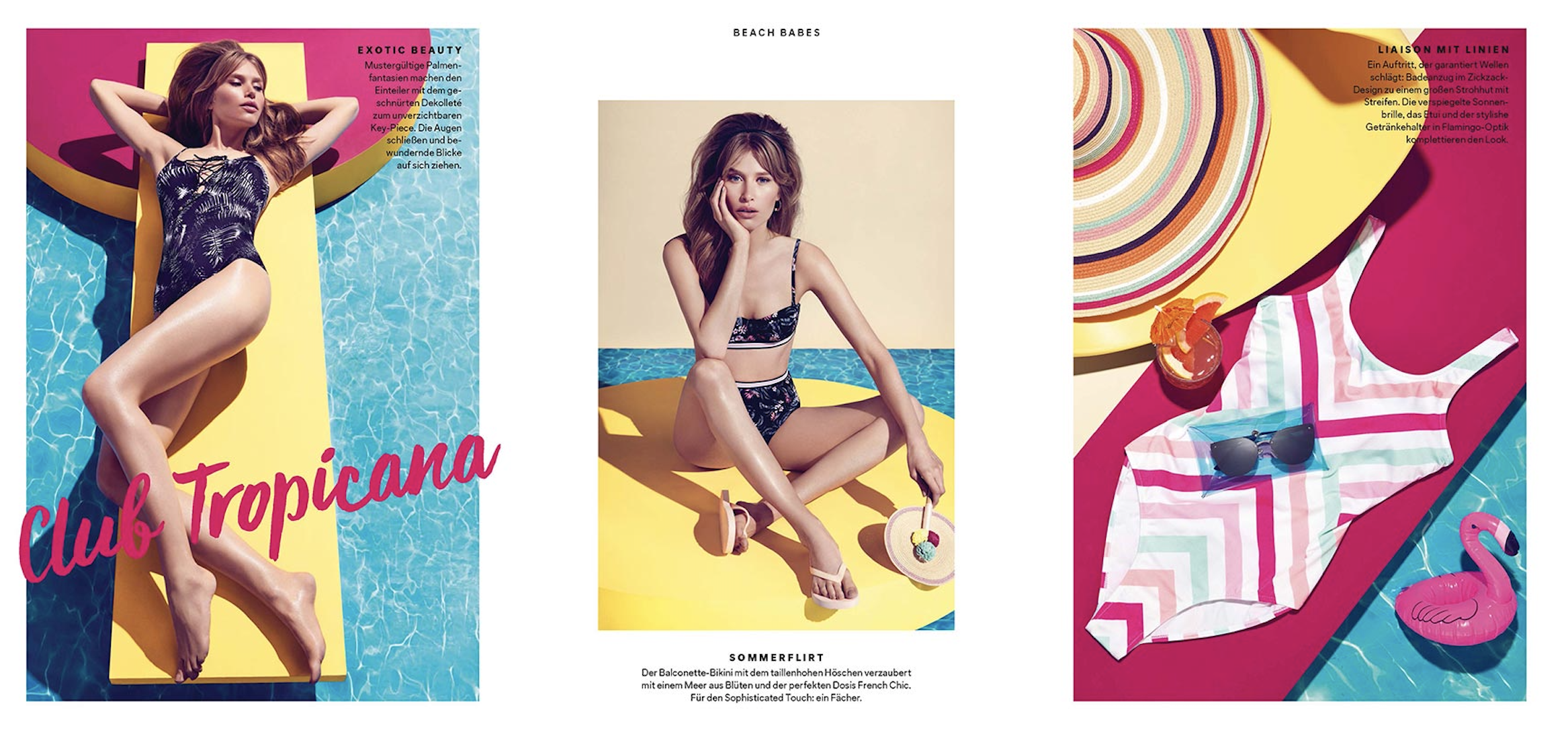 C&A Beachwear Lookbook Seiten: Model in gemusterter C&A Beachwear vor Pool, Club-Tropicana-Stimmung mit sommerlichem Beach-Babes-Look, umgesetzt von imagespy.