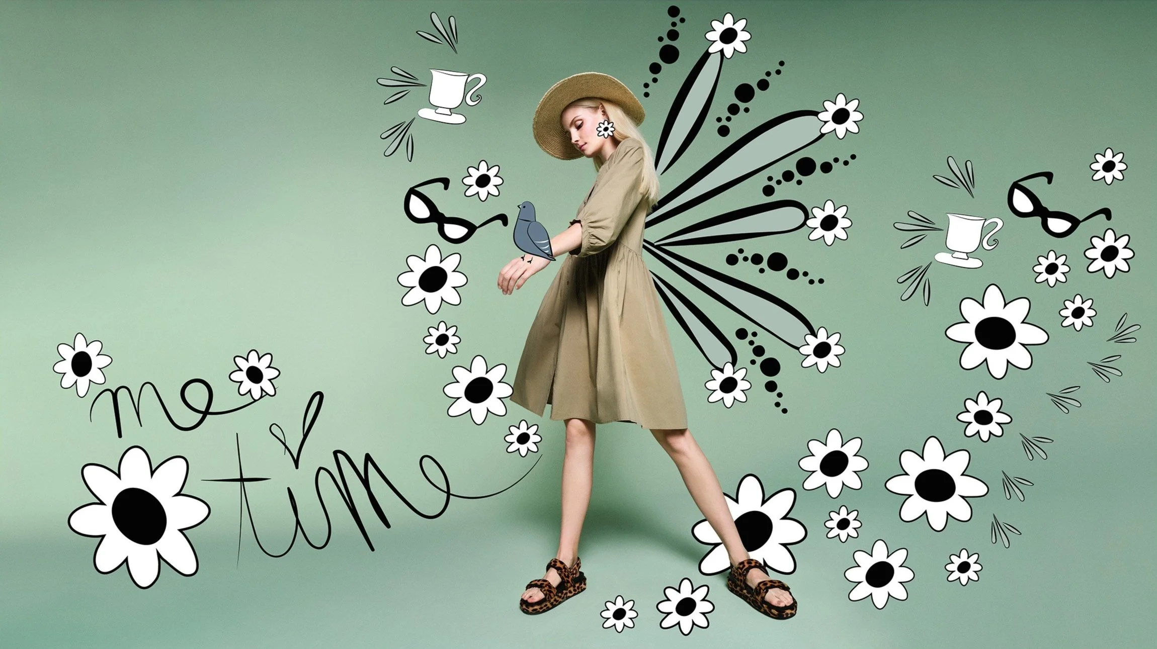 Khaki Blusenkleid, knielang mit Dreiviertel-Ärmeln, ergänzt durch Illustrationen von Blüten, Kaffeetasse und Sonnenbrille – Cartoon SS2025 Outfit für entspannte Me-Time, inszeniert von imagespy.