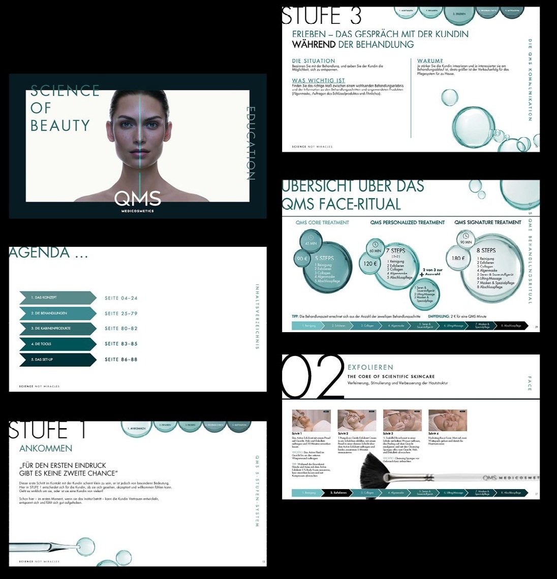 Collage aus sechs Charts des QMS E-Learning-Tools, modernes, hochwertiges Design und technische Umsetzung von imagespy.