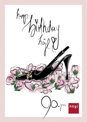 Exklusive Högl Jubiläums-Postkarte zum 90. Geburtstag mit Illustration eines schwarzen Slingback-Pumps auf rosa Blumen, erstellt für imagespy.