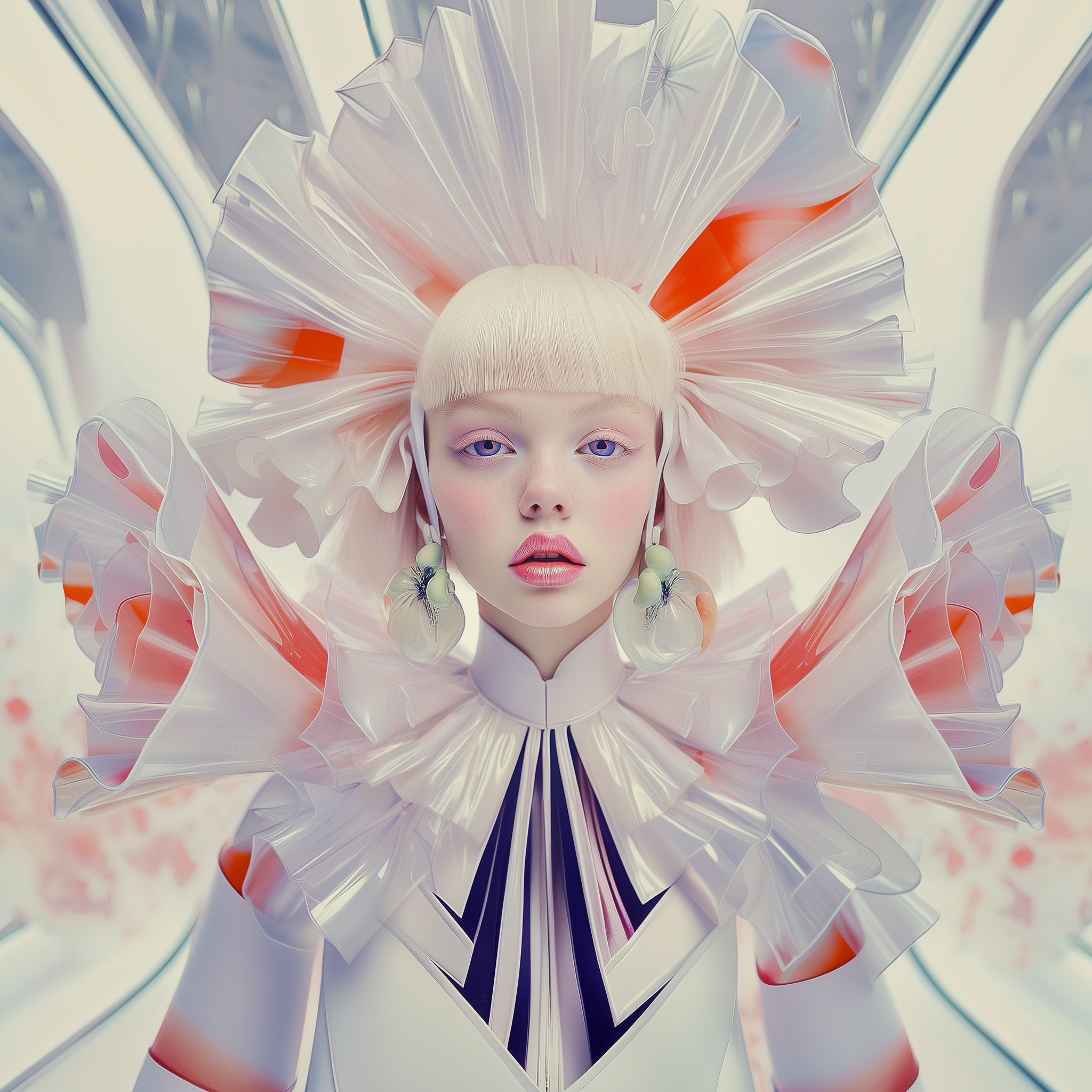 Visionäre Nahaufnahme einer Modekampagne 2050 von imagespy: Exzentrische High-Fashion mit skulpturalen, weißen Rüschen und transluzenten Texturen, kreiert mit dem KI-Tool Nani.