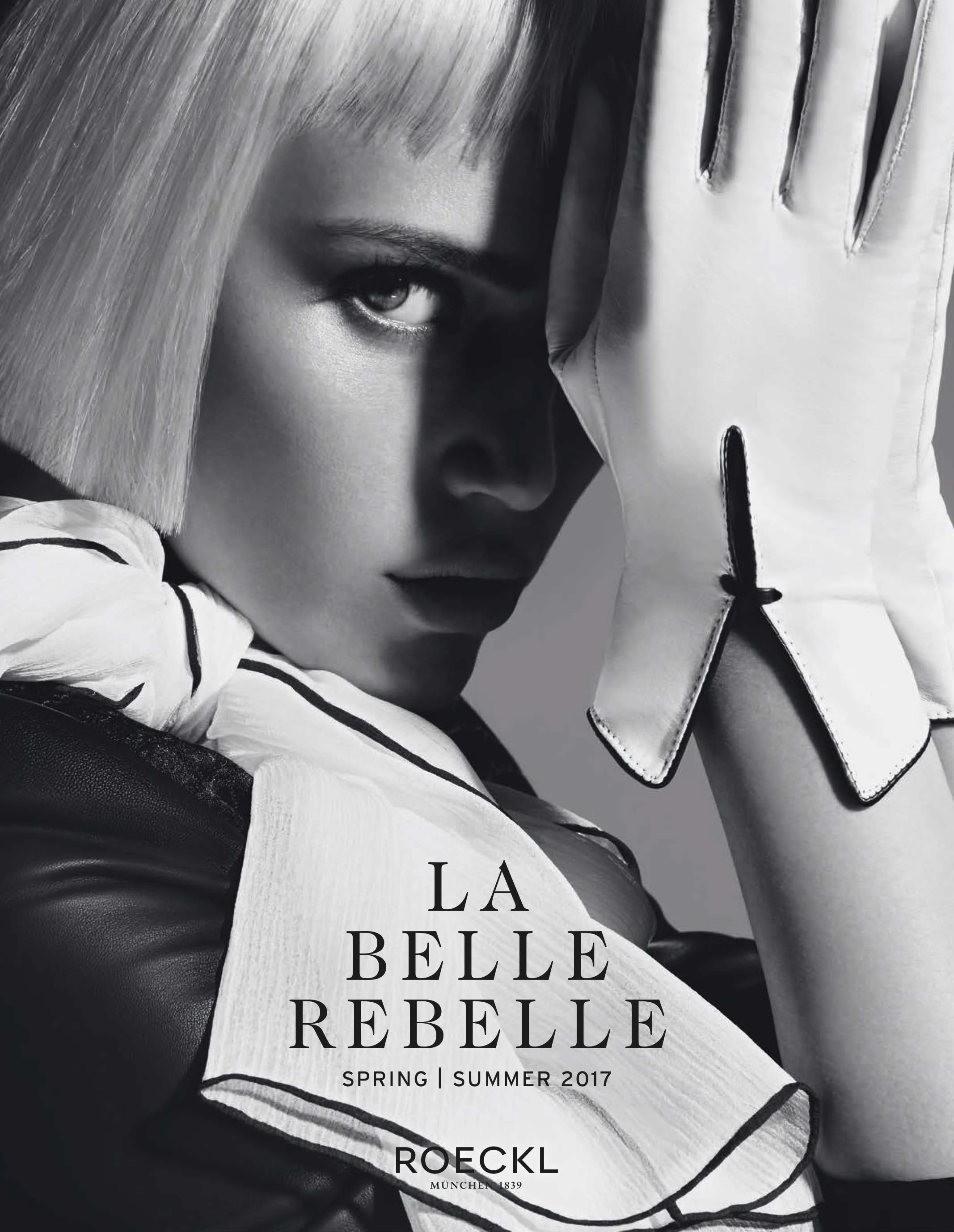 Cover Roeckl Magazine Spring/Summer 2017 „La Belle Rebelle“ mit Frau in schwarzer Lederjacke, weißem Tuch und Handschuhen, umgesetzt von imagespy.
