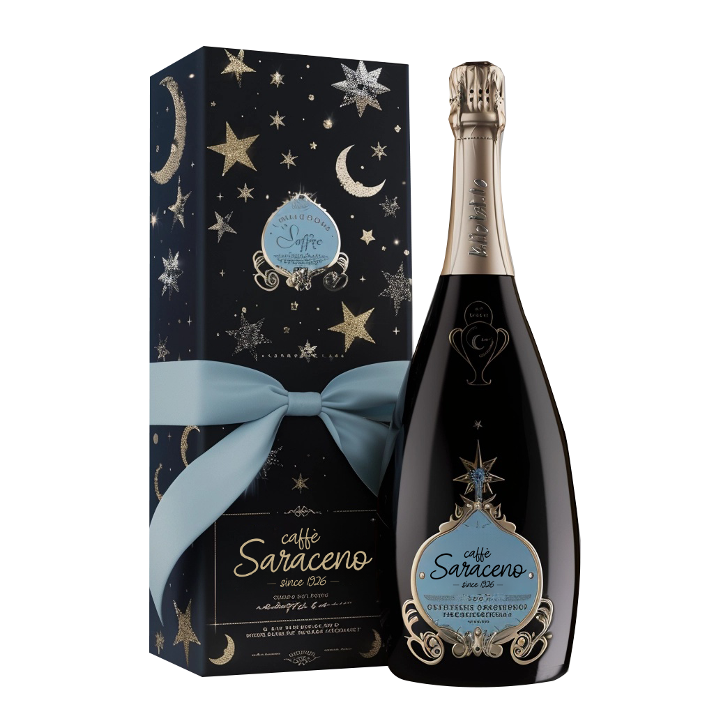 KI-generiertes Merchandise-Visual: Schwarze Weinverpackung des Caffè Saraceno mit goldenen Stern- und Halbmond-Elementen, blauer Schleife, daneben Weinflasche, erstellt von imagespy mit Nani.