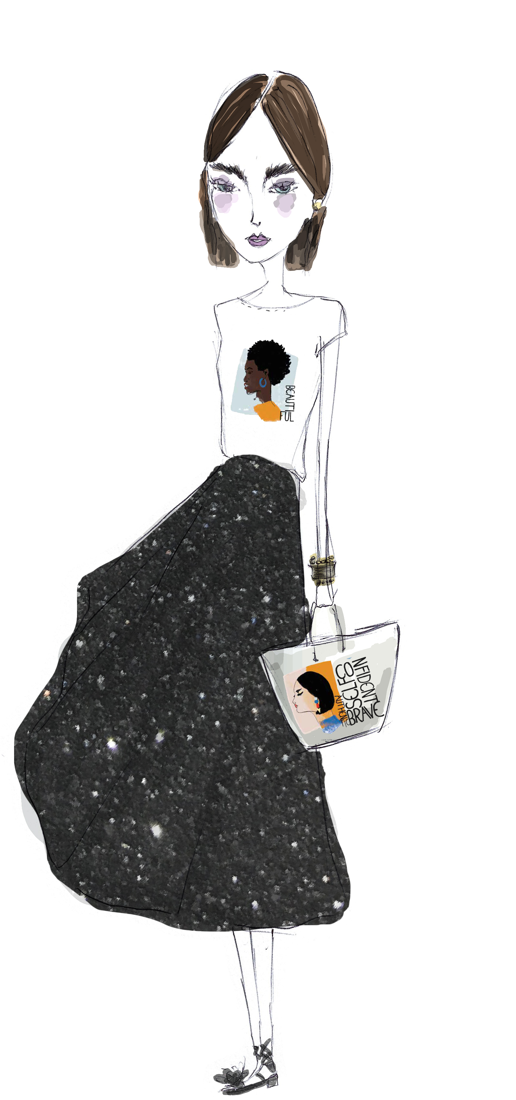 Handgezeichnete Fashion-Illustration von imagespy für comma x DKMS: Frau mit Statement-Shirt, Glitzerrock und bedruckter Tasche.