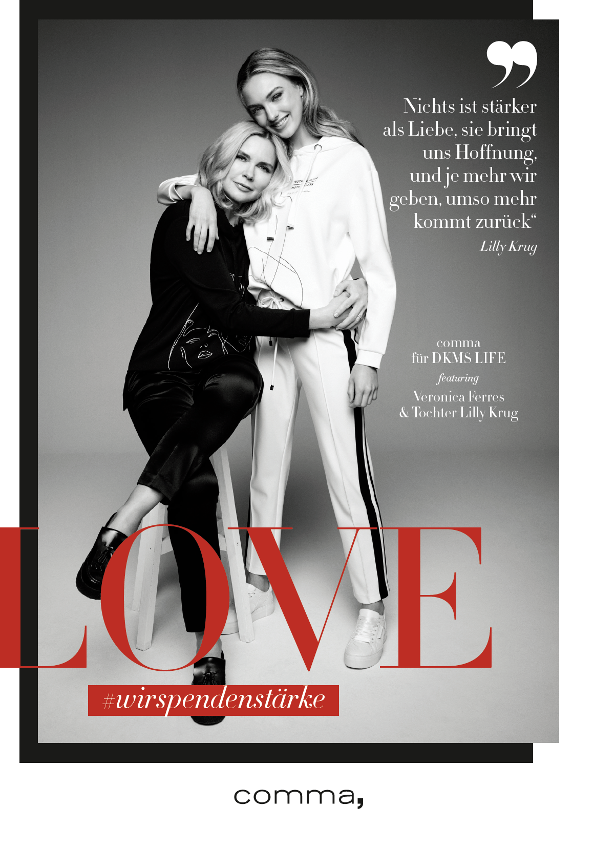 Anzeigenmotiv zum International Women’s Day von comma: Veronica Ferres und Lilly Krug unter dem Motto Love, Teil der Charity-Capsule für DKMS LIFE, visuell umgesetzt von imagespy.