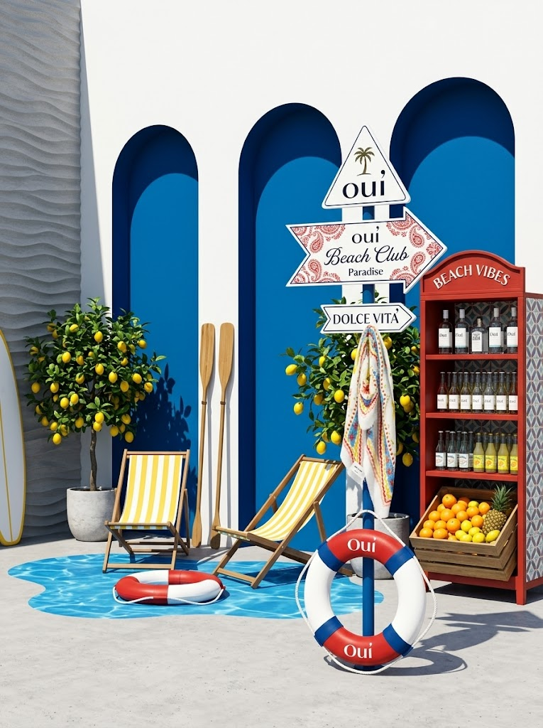 Von imagespy per KI erstellte Produkt- und Kulisseninszenierung: Sommerliches „Oui Beach Club“-Set mit Liegestühlen, Zitronenbäumen und Marken-Assets zur flexiblen und wertschätzenden Erweiterung bestehender Kampagnenwelten.