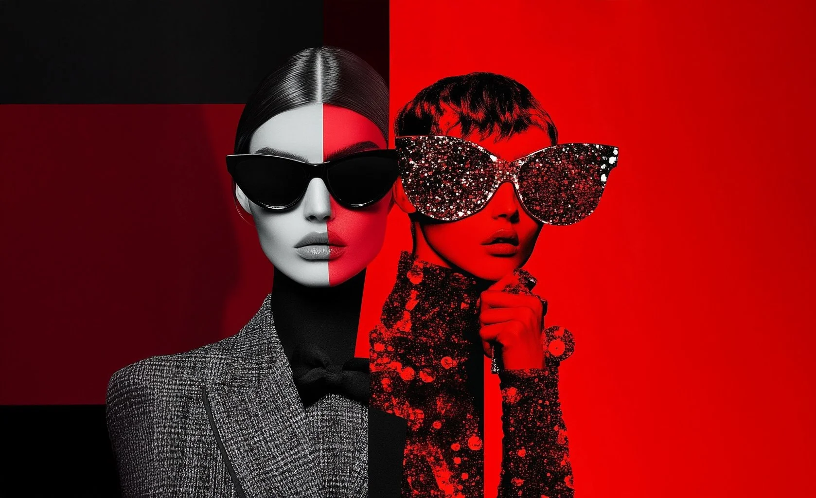 KI-generiertes Porträt einer Frau, links seriös im Business-Outfit, rechts funkelnder Fashion-Look, schwarzweiß und rot, realisiert von imagespy mit Nani.