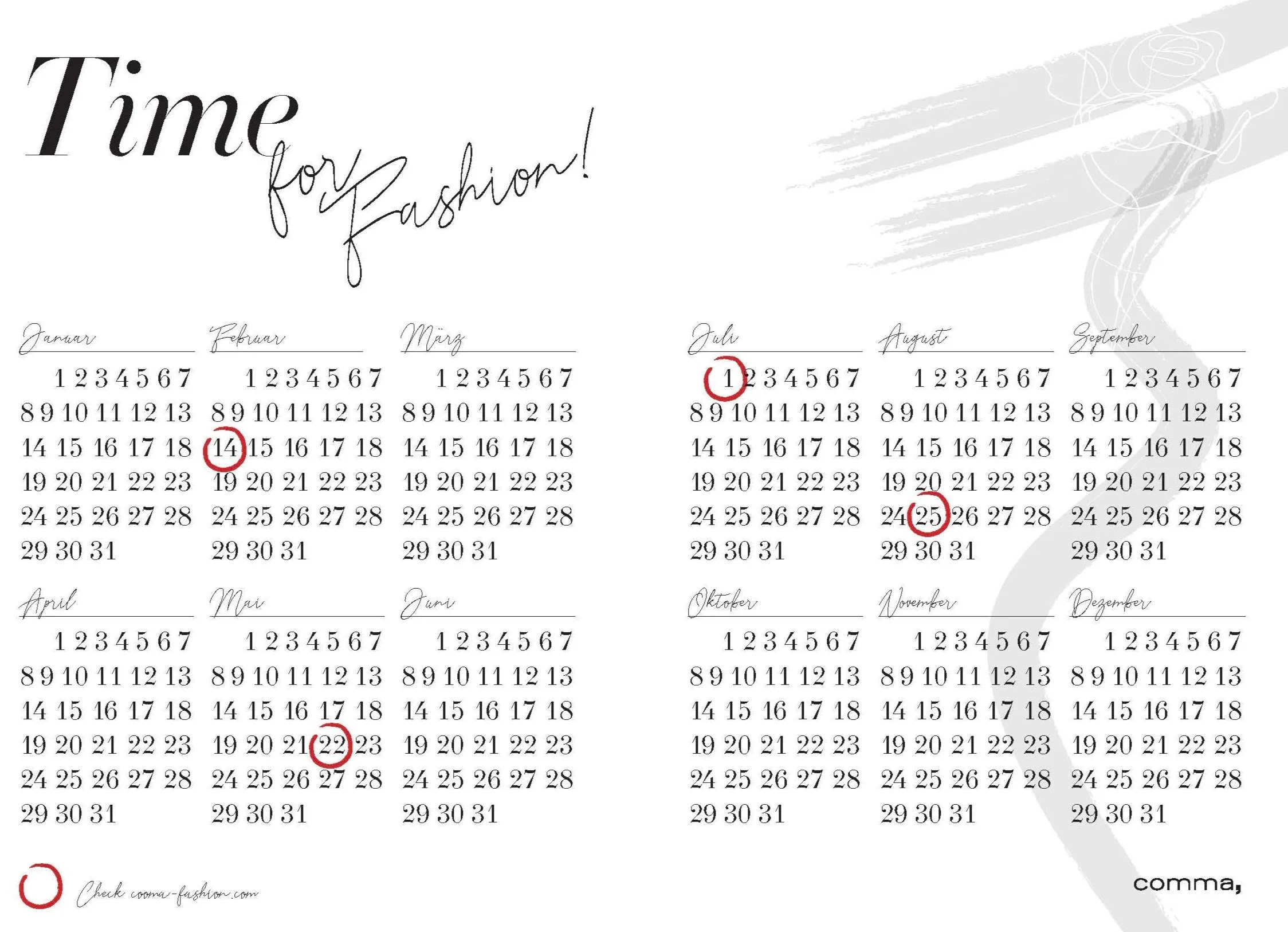 Kalenderseite „Time for Fashion“ aus dem Notizbuch von comma in Schwarzweiß – minimalistisches, modernes Layout, umgesetzt von imagespy.