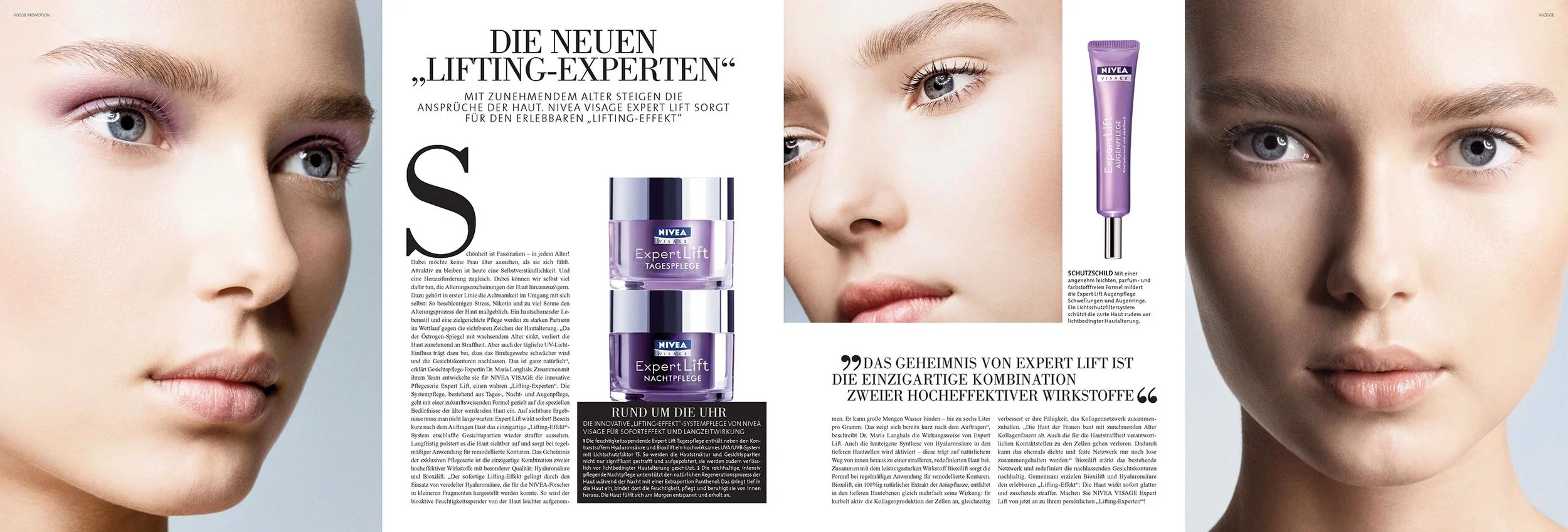 NIVEA Expert Lift Broschüre im Altarfalz für VOGUE, umgesetzt von imagespy, Layout mit Detail-Porträts und Produktpräsentation der Expert Lift Pflegeserie.