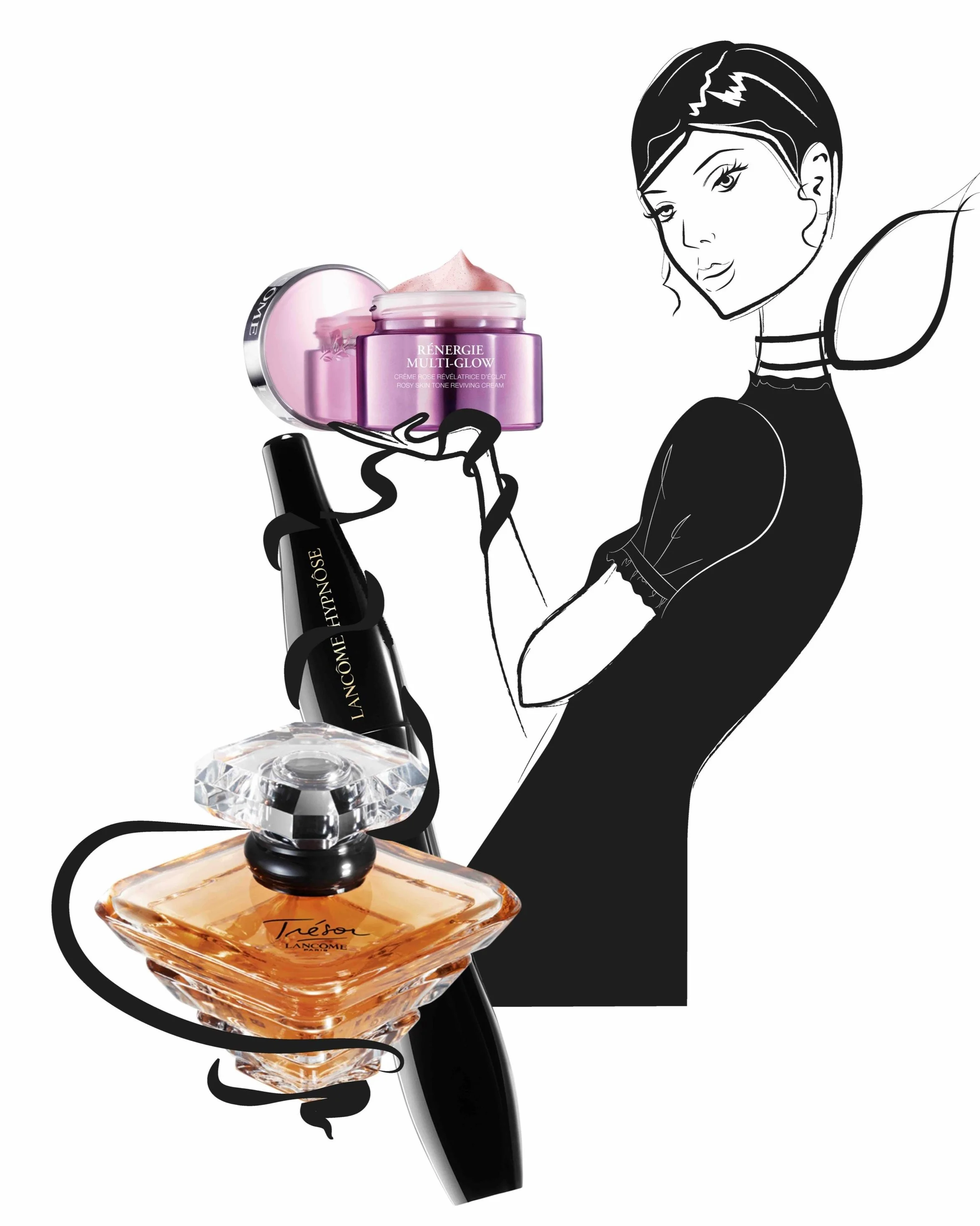 Handgezeichnete Illustration einer Parisienne von imagespy für die Lancôme Beauty Secrets Anzeige in der Zeitschrift Bunte zum Pink Friday.