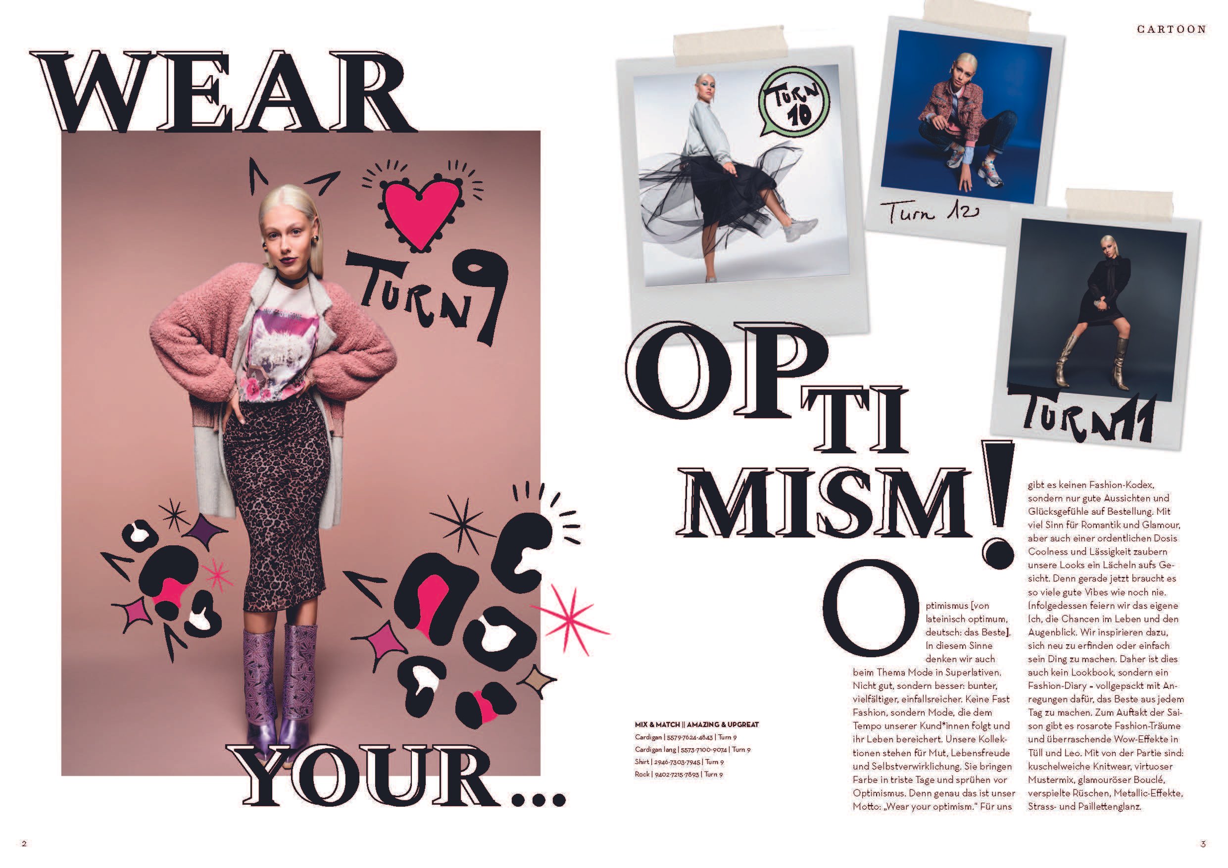 Von imagespy gestaltetes Editorial-Layout für das Cartoon Fashion Diary 2024 mit dem Motto Wear Your Optimism und kreativen Grafik-Elementen.