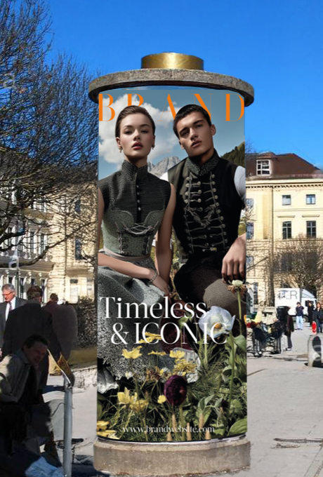 KI-generiertes Trachten-Kampagnenplakat an einer urbanen Litfaßsäule, erstellt mit dem AI-Tool Nani von imagespy für eine moderne Out-of-Home-Inszenierung.