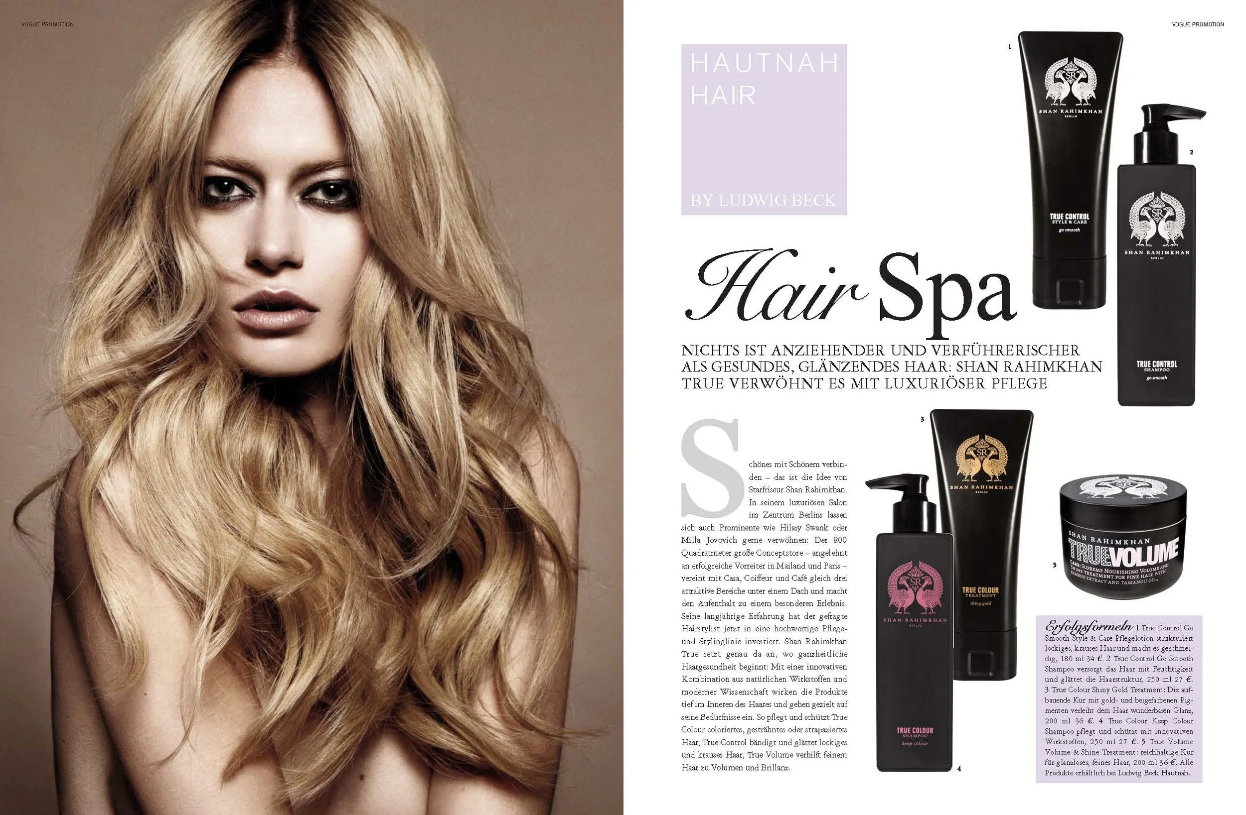 Hair-Spa-Inszenierung von imagespy für VOGUE: Porträt mit Fokus auf glänzendem Haar neben der luxuriösen Shan Rahimkhan True Control Produktlinie für die Ludwig Beck Promotion.