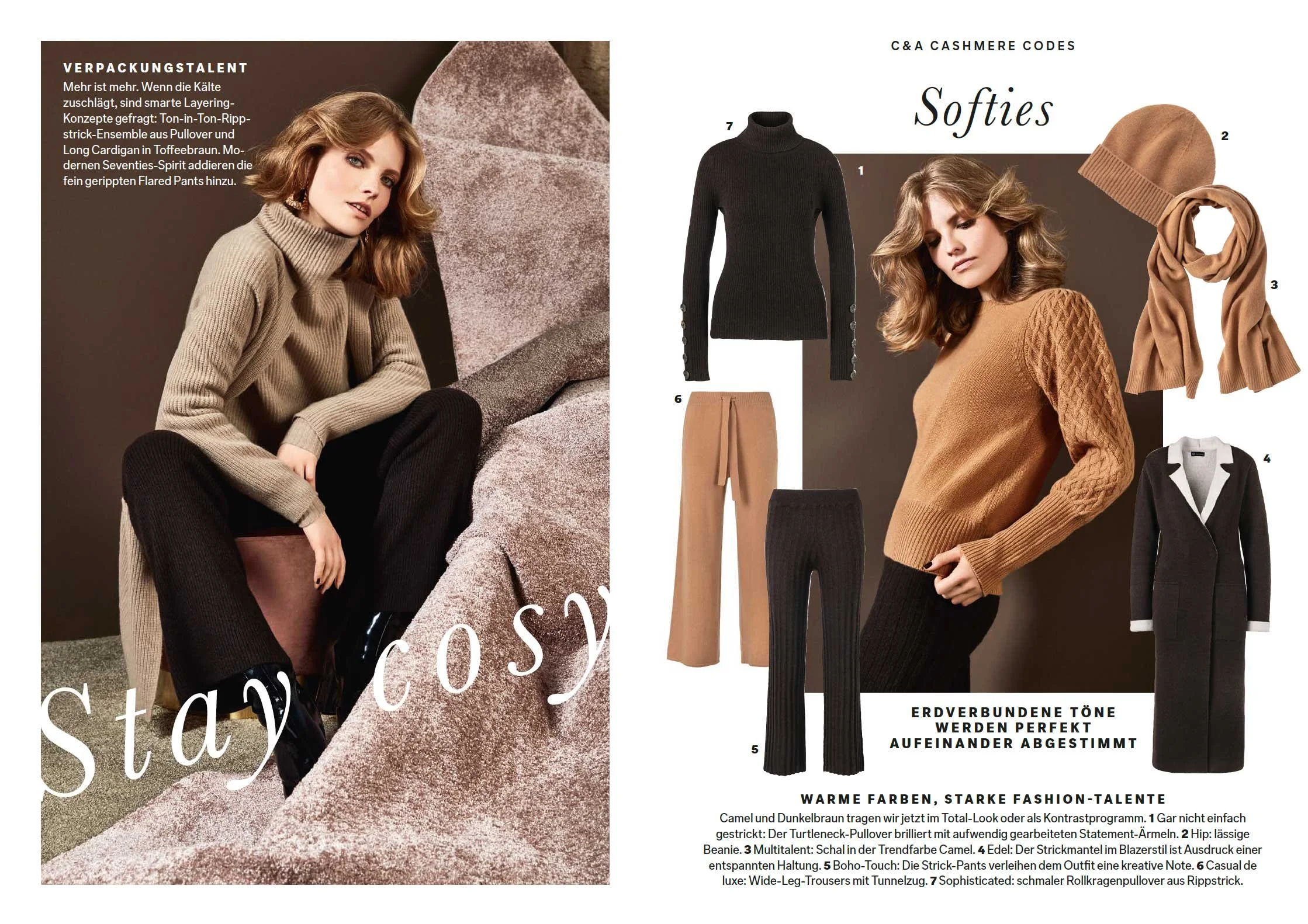 C&A Cashmere Favourites PR Lookbook Doppelseite „Stay Cosy & Softies“: Model im Ton-in-Ton-Rippstrick-Ensemble aus Pullover und Long Cardigan in Toffeebraun, perfekt abgestimmte Outfitteile in Camel- und Dunkelbraun.
