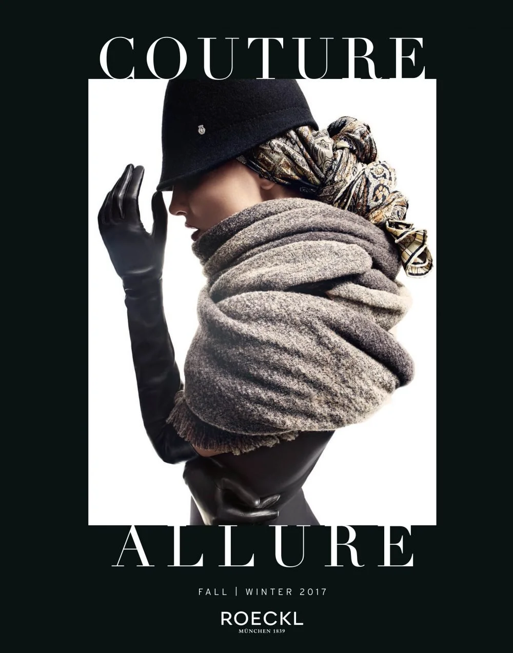 Cover Roeckl Publikation Fall/Winter 2017 „Couture Allure“ mit Frau in Schal, Hut, Tuch und langen Handschuhen von Roeckl, umgesetzt von imagespy.
