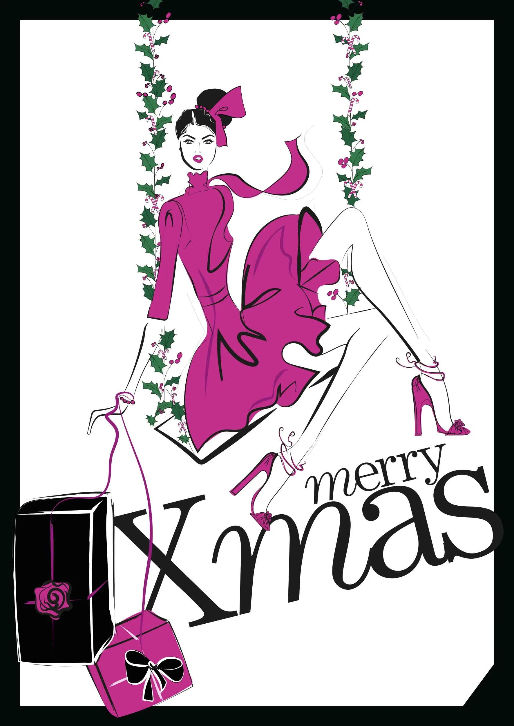 imagespy Design: Hochwertiges Layout der Weihnachtskarte 2021 mit einer modernen Fashion-Illustration in Magenta, die eine Frau auf einer festlichen Schaukel und Präsente zeigt.