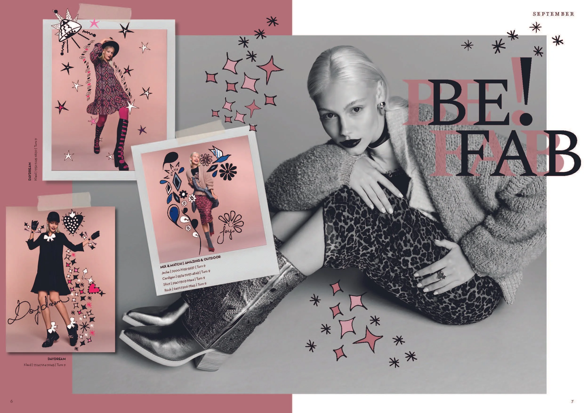 Doppelseite des Cartoon Fashion Diary FW2024 mit drei verschiedenen September-Looks, dekoriert mit Illustrationen aus Herzen, Rauten und Sternen – kreativ umgesetzt von imagespy.