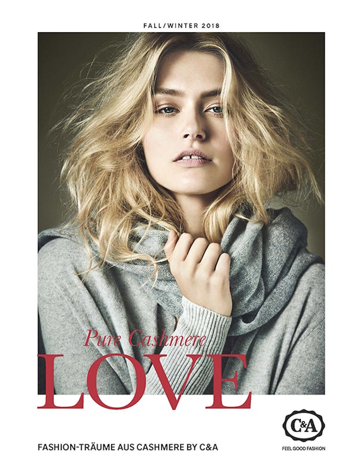 Covermotiv C&A PR-Lookbook Pure Cashmere Fall/Winter 2018: Model im grauen Cashmere-Pullover und Schal, Fashion Editorial, umgesetzt von imagespy.