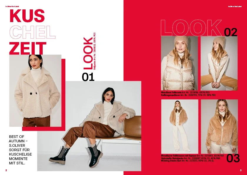 Lookbook-Doppelseite mit der Headline „Kuschelzeit“ aus dem s.Oliver Red Label Lookbook Women: Sechs Bildmotive mit drei herbstlichen Cozy-Looks in Beige, Creme und Braun, gestaltet von imagespy.