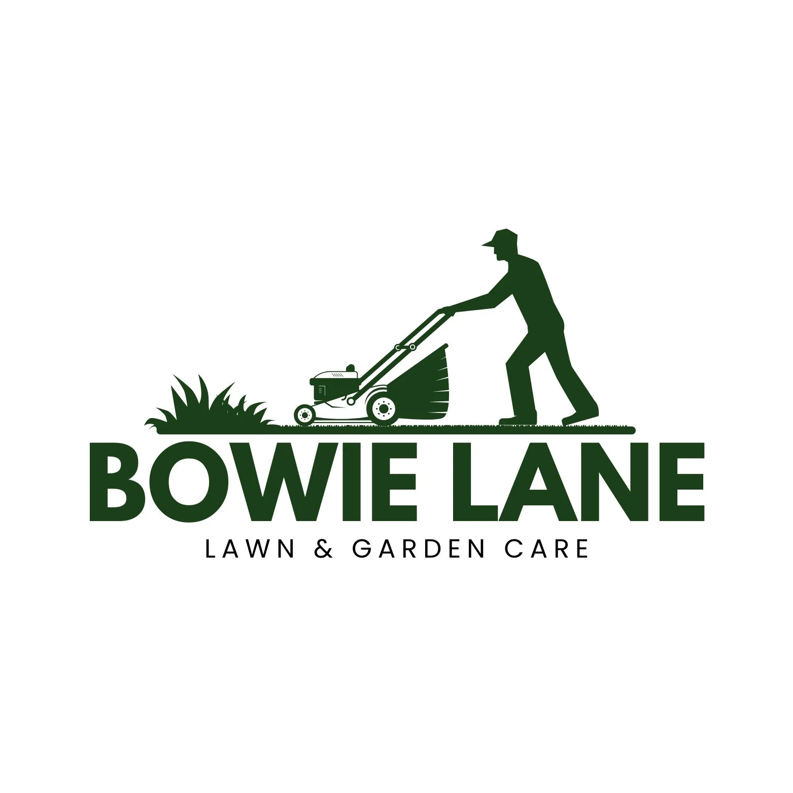 Silhouette of a person mowing grass with a push mower, with large text reading "Bowie Lane" and smaller text "Lawn & Garden Care" underneath.