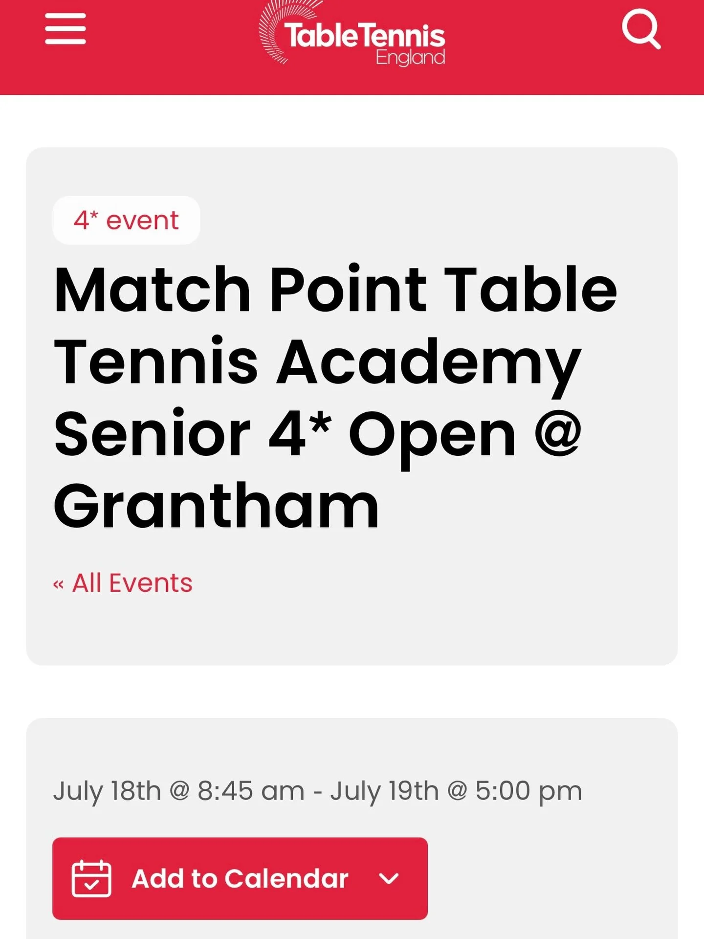 🤩 IT&rsquo;S HERE 🤩

Entry is now LIVE for our very first 4*! This is being held at Grantham Meres Leisure Centre on the 18th/19th July 💥

The entry form and tournament information can be found on the Table Tennis England website: 

https://www.ta