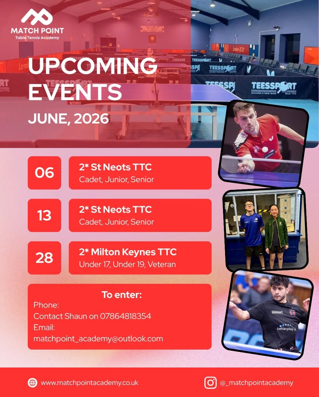 ☀️ IT&rsquo;S A MATCH POINT SUMMER☀️ 

💥 Grantham 4* - ENTER HERE https://www.tabletennisengland.co.uk/event/match-point-table-tennis-academy-senior-4-open-grantham/
💥 Two NEW tournament venues 
💥 St Neots Training Weekend 
💥 Tournaments for all 