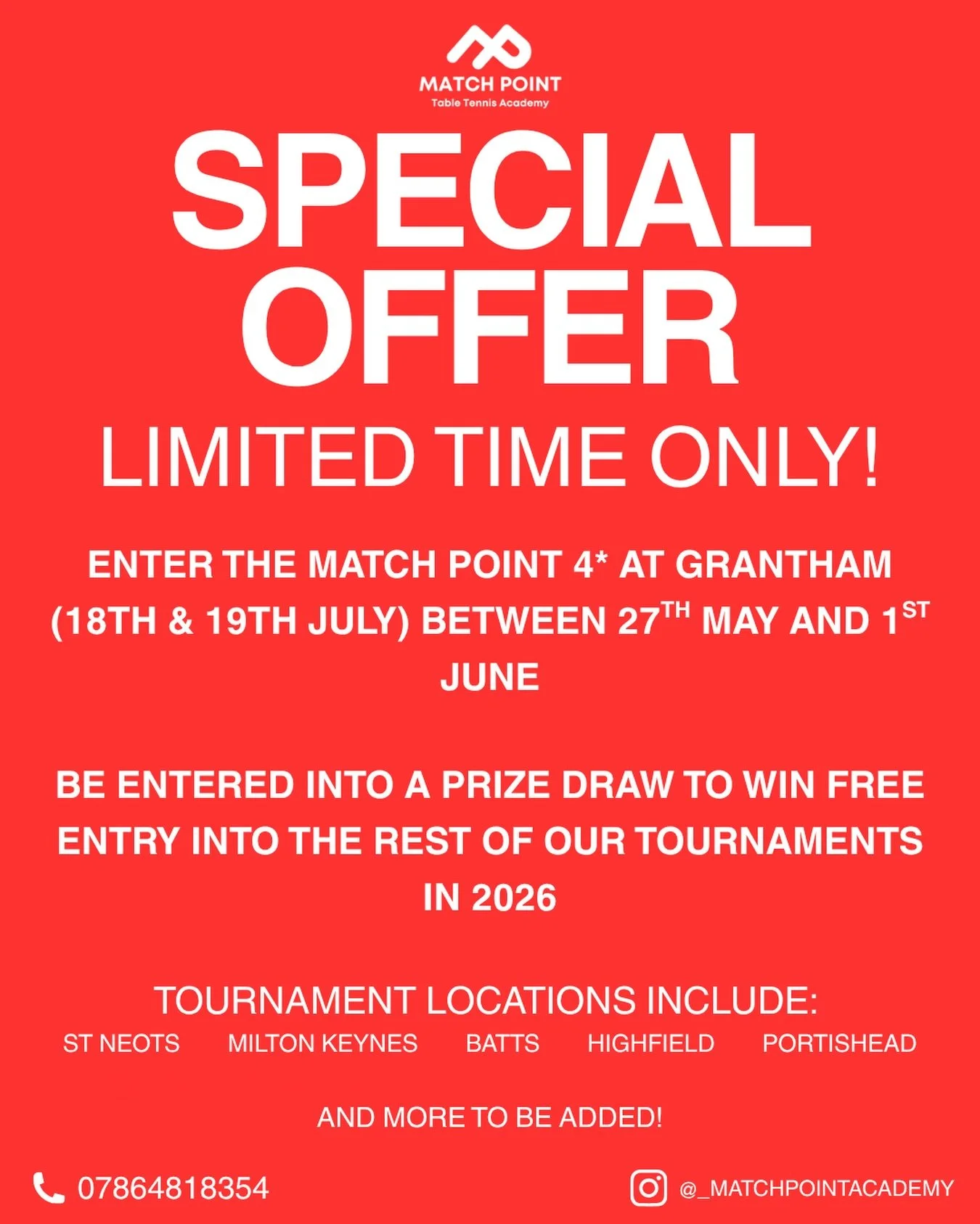 ‼️LIMITED TIME OFFER‼️

💥 Enter our 4* between 27th May and 1st June and be entered into a draw to receive FREE entry to Match Point tournaments for the rest of 2026! 

🏓 Entry link is in the bio 

👀 See our pinned post for all tournaments coming 