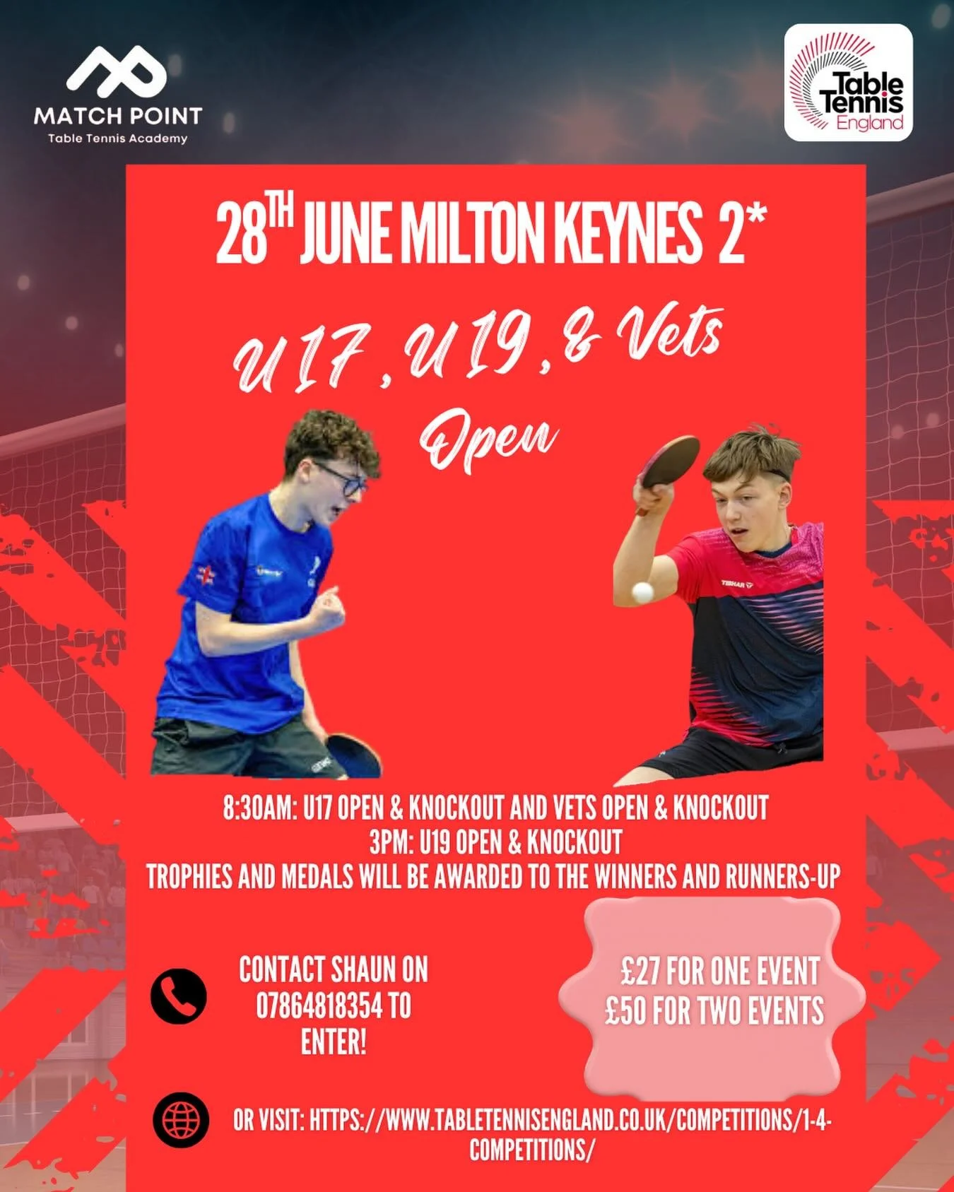 Come and join us at Milton Keynes TTC for our Under 17, Under 19, and VETTs 2*🤩 To enter, message us your name, license number, and the events you want to enter or visit the TTE website🏓