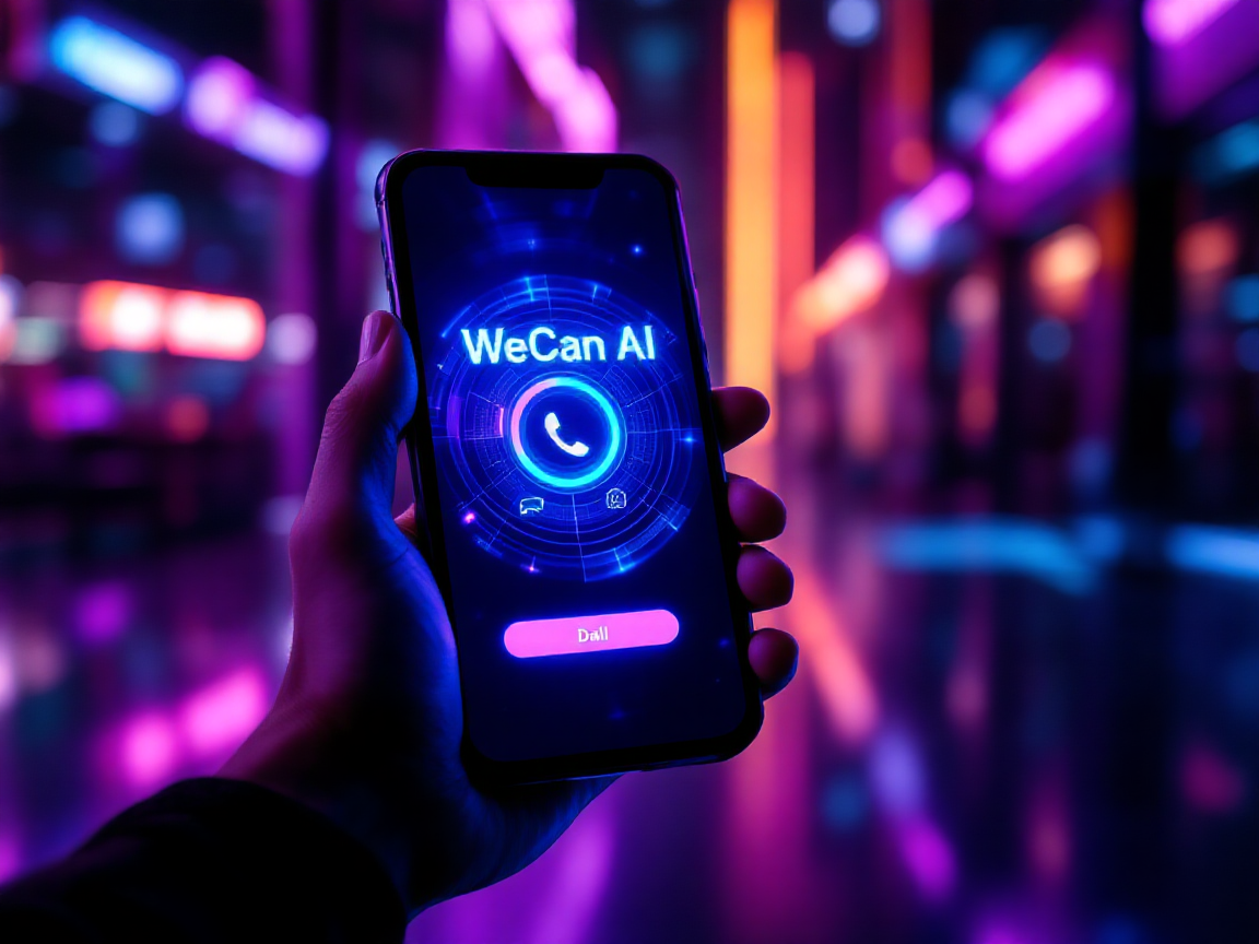 A person holds a smartphone with a digital display showing 'WeCan AI' and a call icon, set against a colorful, neon-lit background.