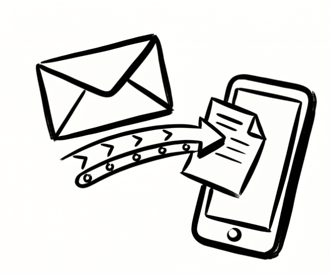 A hand-drawn illustration of an envelope, a curved arrow, and a smartphone with a document on the screen, representing email or message transfer to a mobile device.