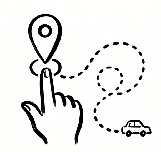 A hand pointing at a location pin icon with a dashed line leading to a car, symbolizing navigation or directions.
