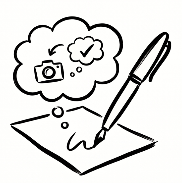 A sketch of a pen writing on a paper with a thought bubble containing a camera, a check mark, and a heart.