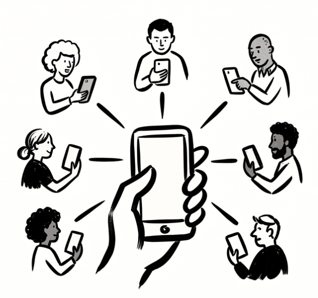 Illustration of diverse people using their smartphones connected to a central large smartphone, representing social media or digital communication.