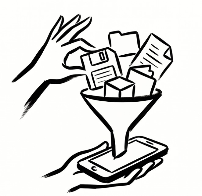 A hand placing cereal boxes into a funnel connected to a smartphone, symbolizing online shopping or digital sales.