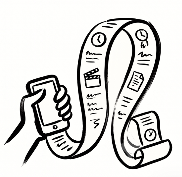 Drawing of a hand holding a smartphone next to an extended receipt with clocks and icons like a clock, a clapperboard, and a document.